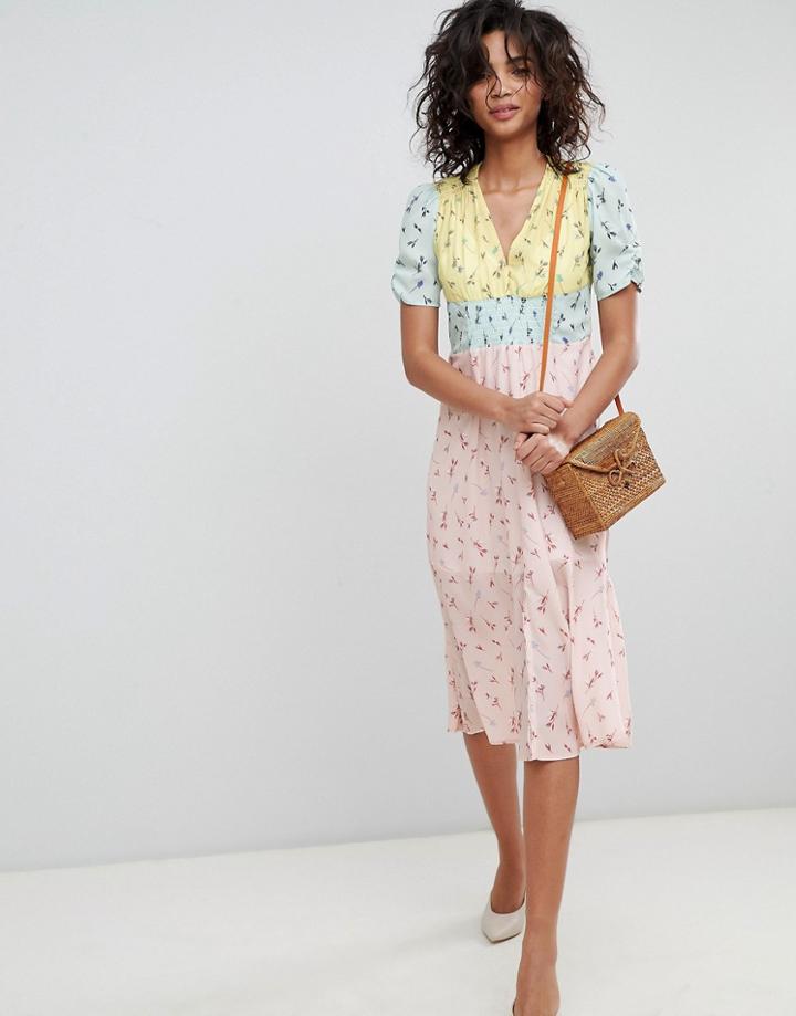 Asos Design Midi Mixed Print Pretty Tea Dress - Multi