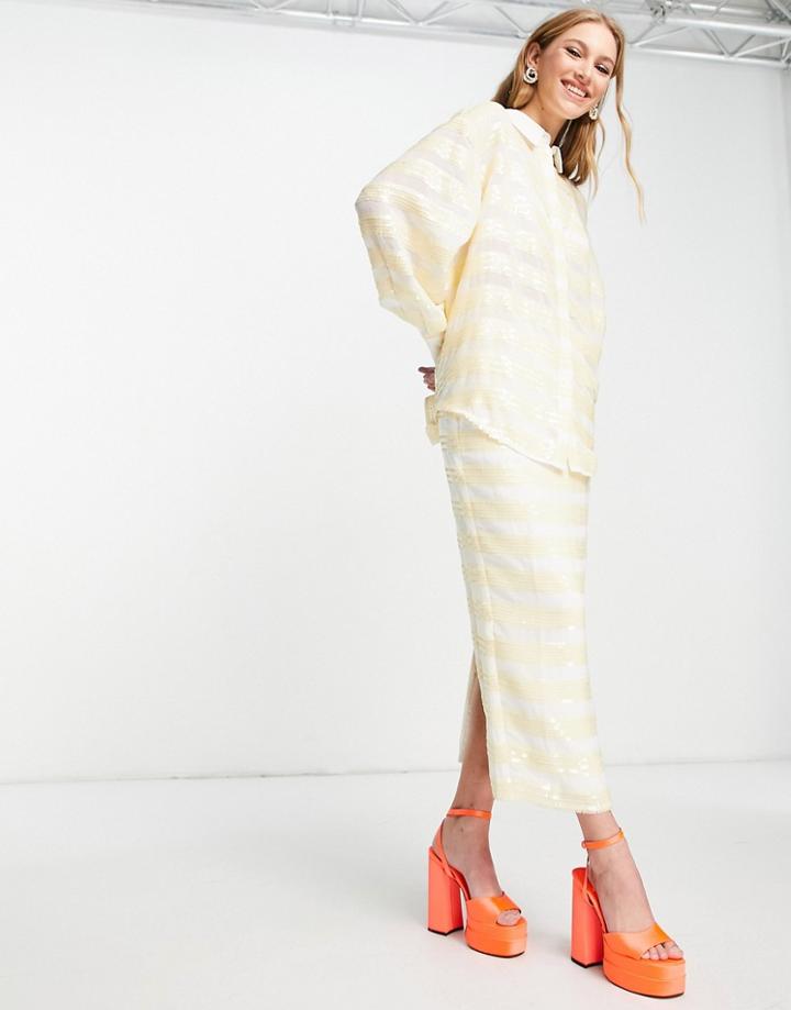 Asos Edition Skirt In Sequin Stripe In Buttermilk-white