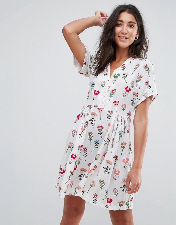 Trollied Dolly Boho Flow Floral Mini Tea Dress - Cream