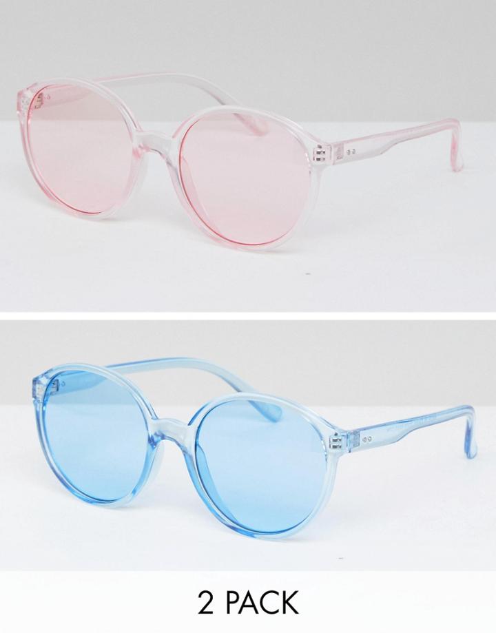 Asos 2 Pack Plastic Round Sunglasses In Colored Lens - Multi