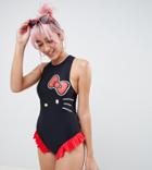 Hello Kitty X Asos Design Frill Swimsuit - Black
