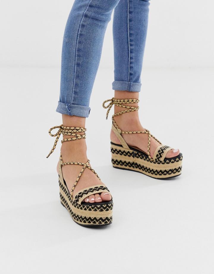 Glamorous Black Ankle Tie Espadrille Flatform Sandals