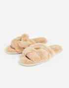 Loungeable Lattice Detail Faux Fur Slides In Beige-brown