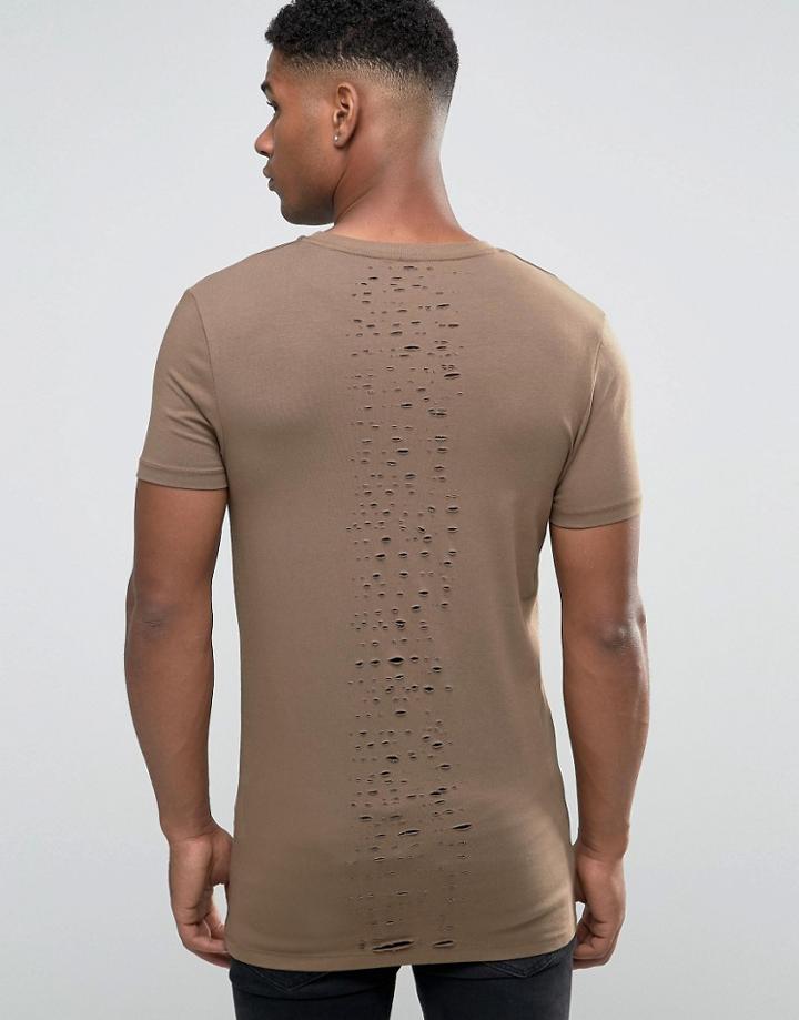Asos Longline Muscle T-shirt With Distressed Center Back Detail In Brown - Brown