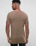 Asos Longline Muscle T-shirt With Distressed Center Back Detail In Brown - Brown