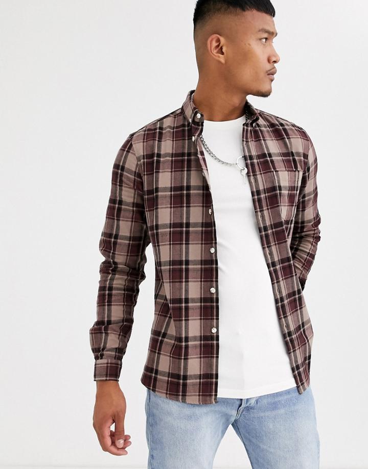 Asos Design Slim Check Shirt In Brown