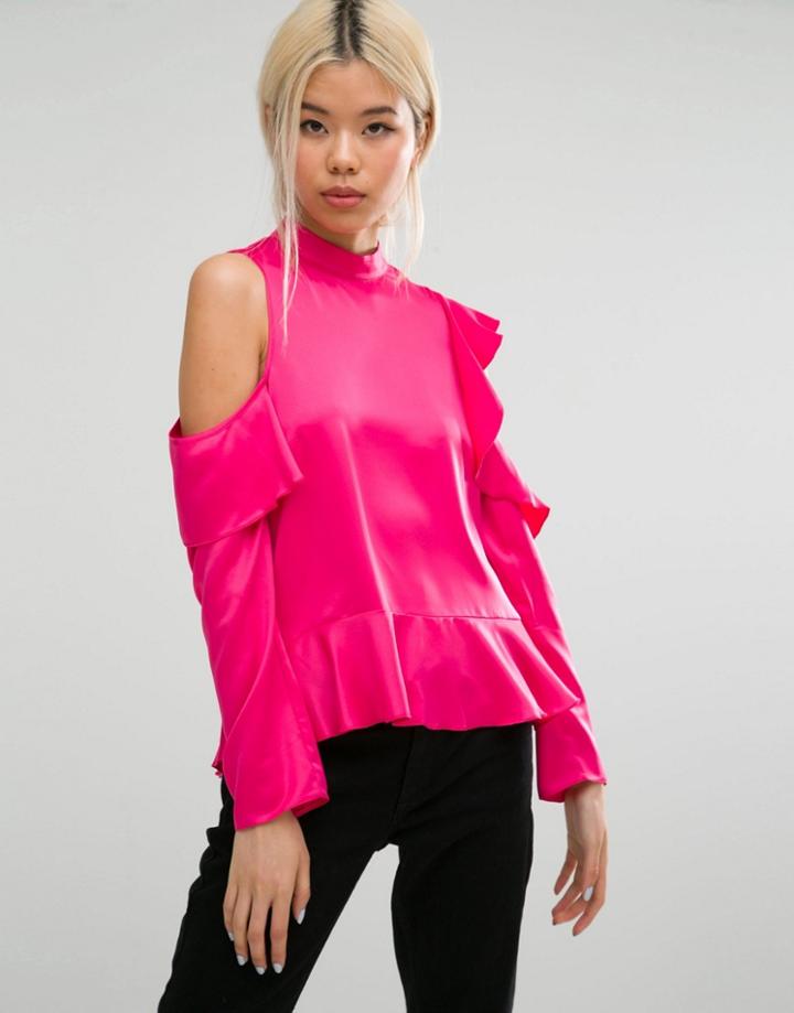 Asos Satin Ruffle Top With Cold Shoulder - Pink