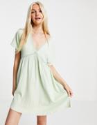 Asos Design Mini Smock Dress With Lace Trim And Frill Sleeve In Sage-green