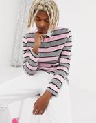 Asos Design Stripe Long Sleeve Velour Polo In Pink And Gray-multi