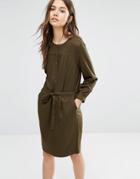 Warehouse Soft Pleat Belted Dress - Green