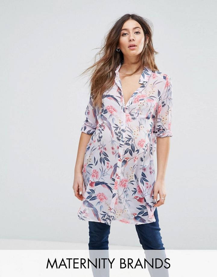 New Look Maternity Floral Longline Shirt - Purple