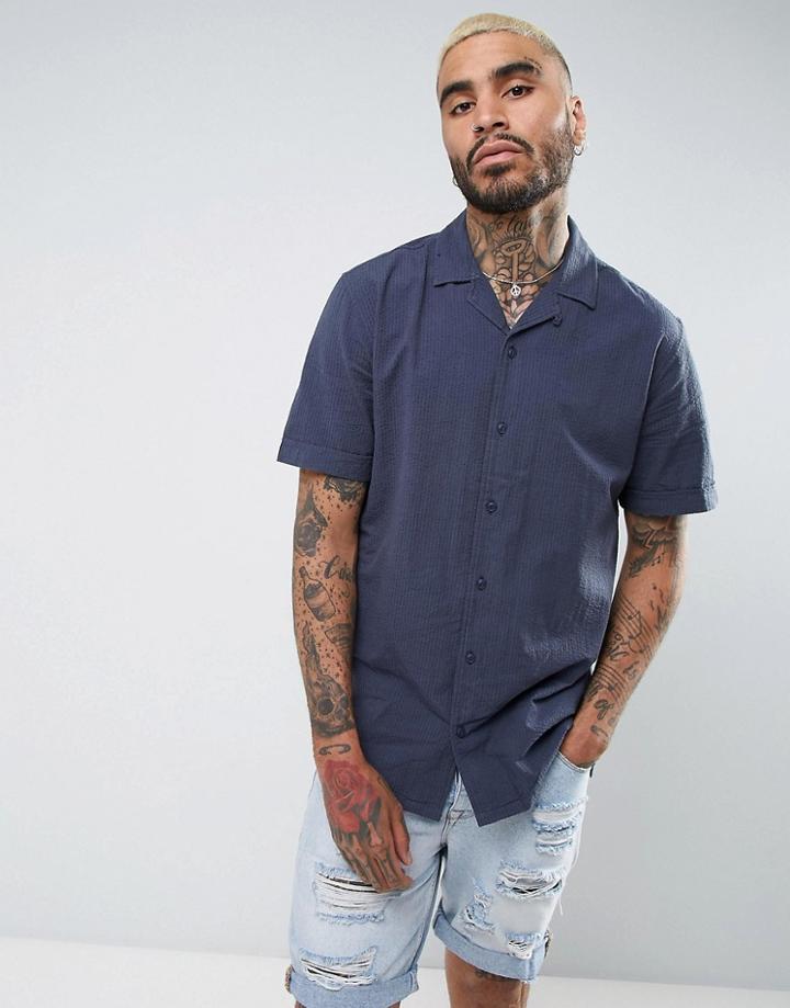 Pull & Bear Regular Fit Shirt With Revere Collar In Navy - Navy