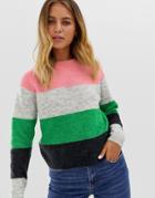 Only Maribel Multi Stripe Sweater In Wool Blend - Pink