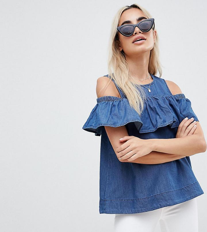 Vero Moda Petite Frill Cold Shoudler Denim Top - Blue