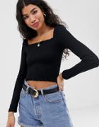Asos Design Shirred Top With Square Neck And Puff Sleeve-black