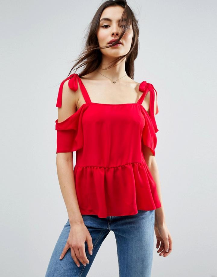 Asos Cold Shoulder Top With Tie Shoulder And Frill Hem - Red