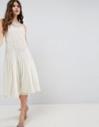 Asos Lace Paneled Drop Hem Midi Dress - Beige