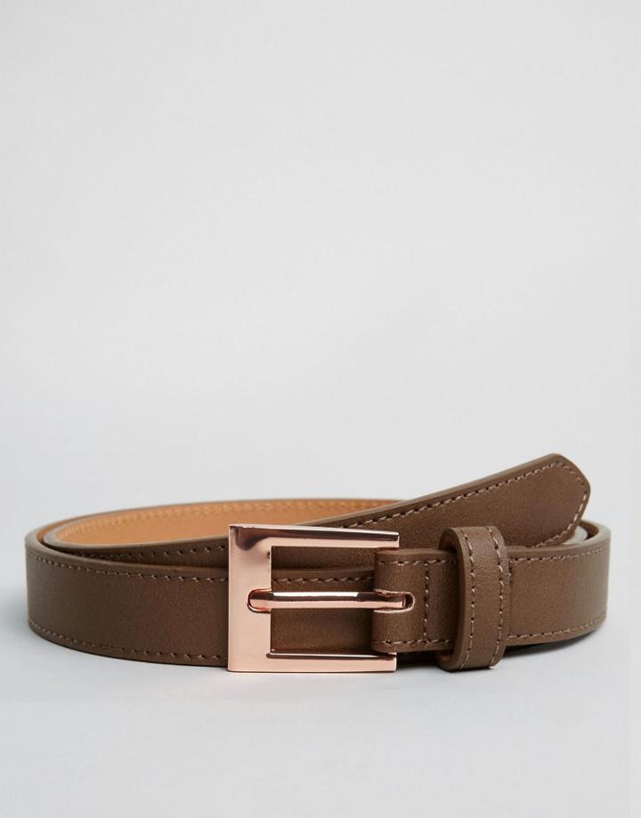 Asos Smart Slim Belt In Brown With Rose Gold Buckle - Brown