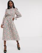 Never Fully Dressed Frill Neck Midaxi Dress With Puff Sleeve Detail In Pink Floral Print-multi