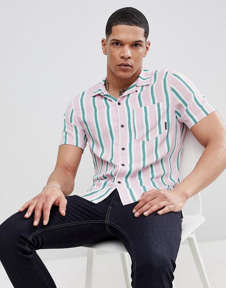 Religion Slim Revere Collar Shirt In Stripe - Pink
