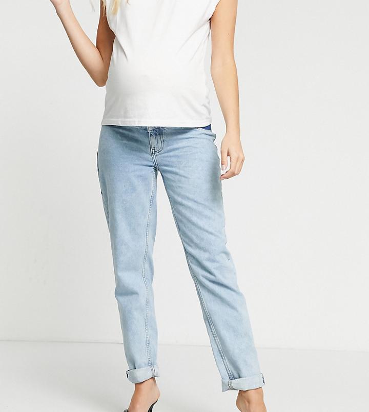 Asos Design Maternity High Rise 'original' Mom Jeans In Lightwash With Elasticated Side Waistband-blue