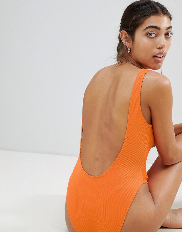 Missguided Ribbed Low Back Swimsuit - Orange