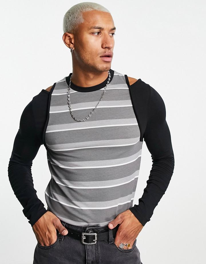 Asos Design Long Sleeve Stripe T-shirt In Gray With Cut Outs