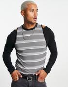 Asos Design Long Sleeve Stripe T-shirt In Gray With Cut Outs