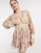 Asos Design Mini Dress With Smocked Satin Waist And Lace Up Back Detail In Floral Print-multi