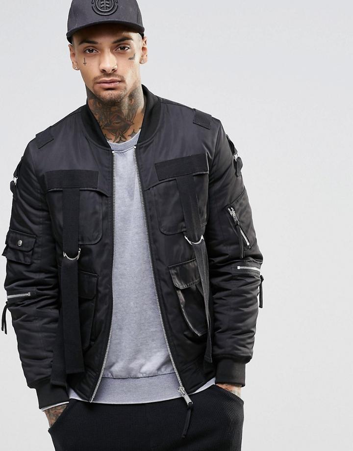 Asos Bomber Jacket With Strap Detail In Black - Black