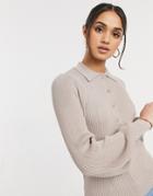 Asos Design Sweater With Collar And Button Placket Detail In Camel-neutral