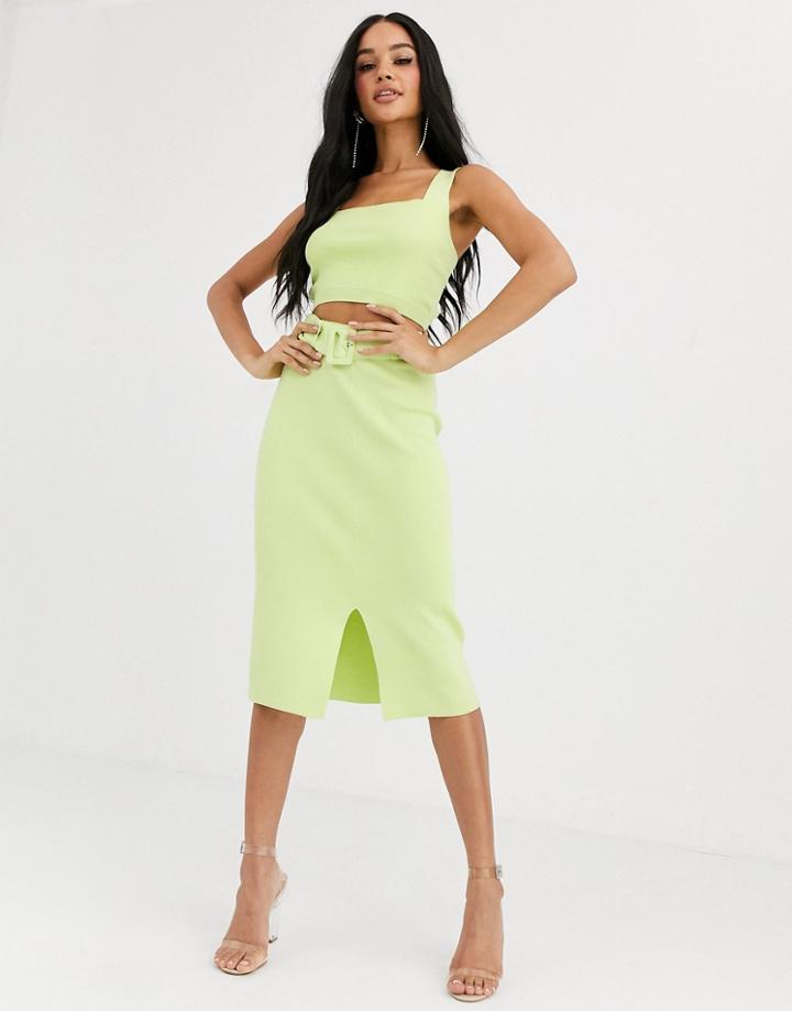 4th + Reckless Knitted Pencil Skirt With Belt Detail In Lime-yellow