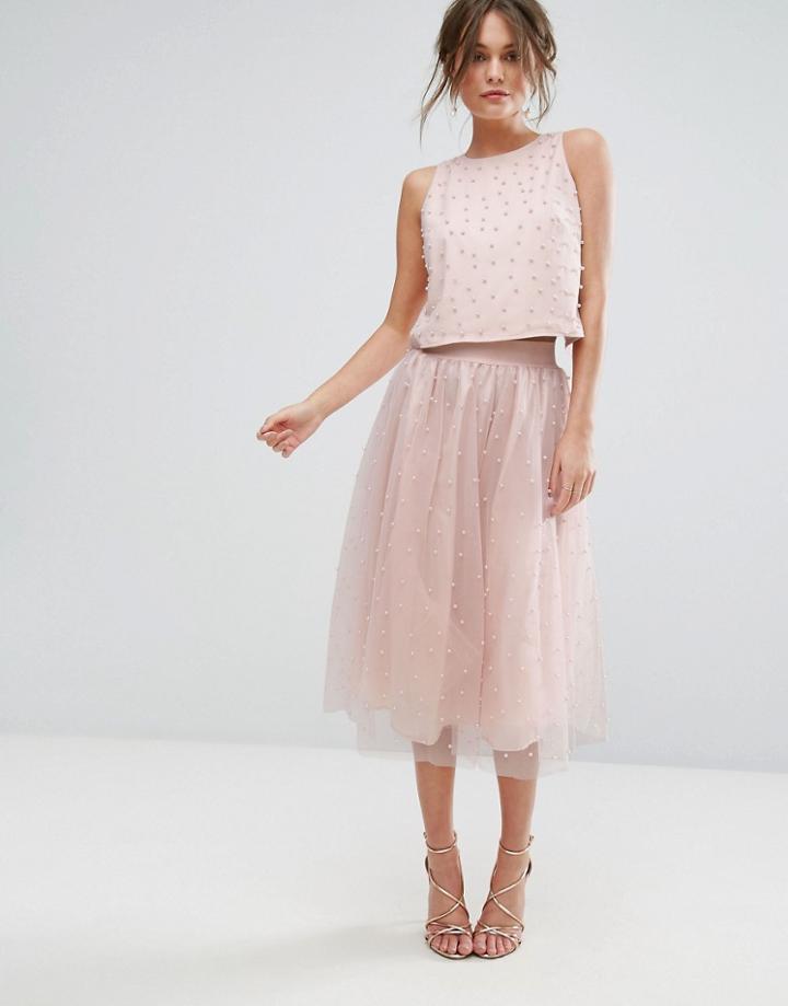 Little Mistress Faux Pearl Embellished Tulle Midi Skirt - Pink