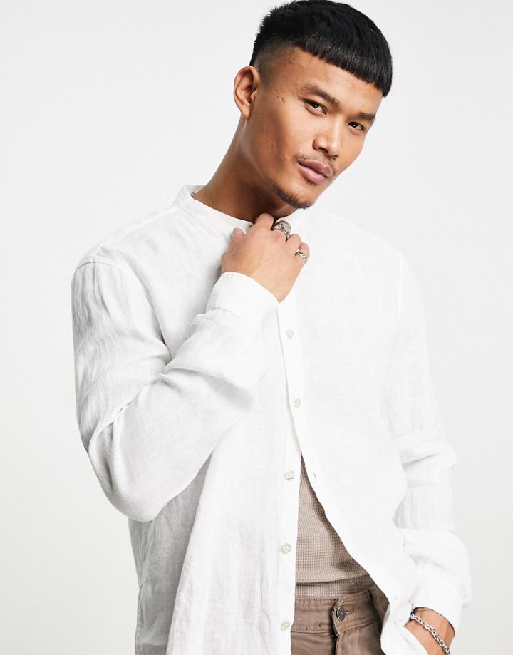 Pull & Bear Linen Grandad Shirt In White