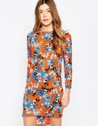Influence 3/4 Sleeve Printed Shift Dress - Orange