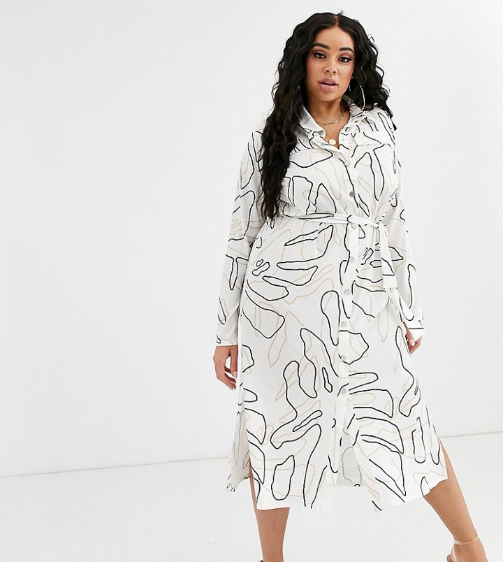 Asos Design Curve Midi Belted Shirt Dress In Print - Multi