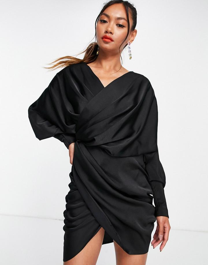 Asos Design Drape Detail Wrap Dress With Batwing Sleeve In Black