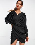 Asos Design Drape Detail Wrap Dress With Batwing Sleeve In Black