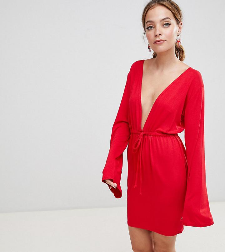 Boohoo Petite Plunge Tie Waist Dress - Red