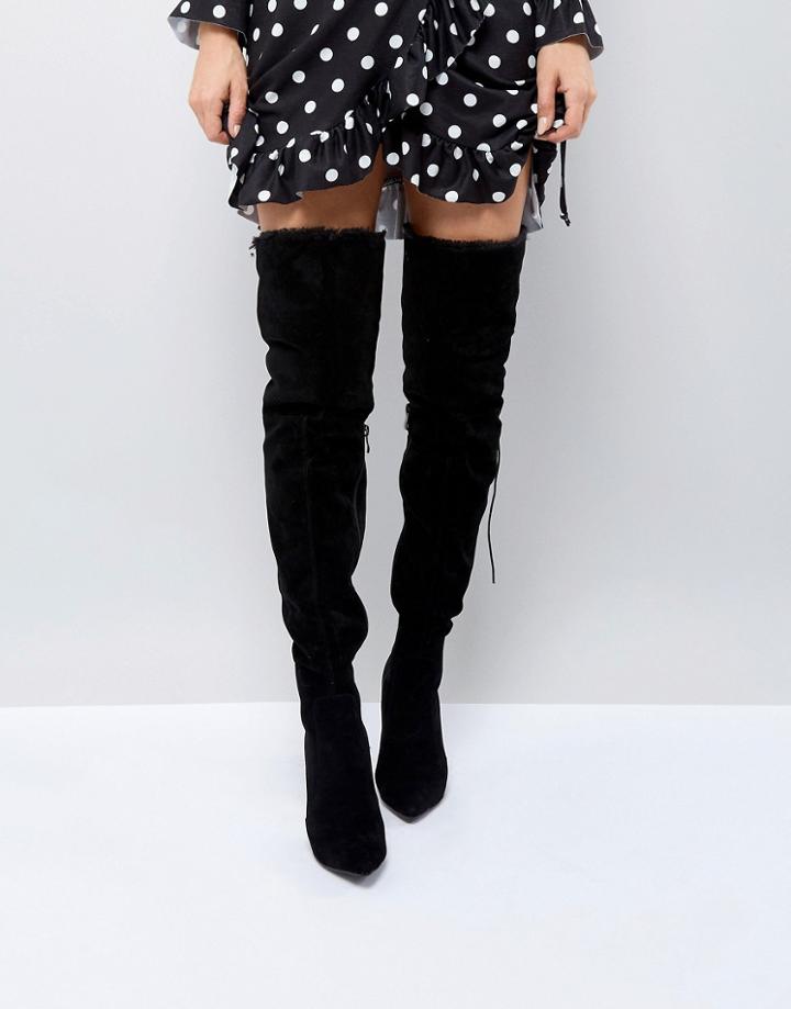 Prettylittlething Faux Fur Trim Heeled Over The Knee Boot - Black