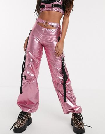Namilia Wide Leg High Shine Pants With Utility Pockets-pink
