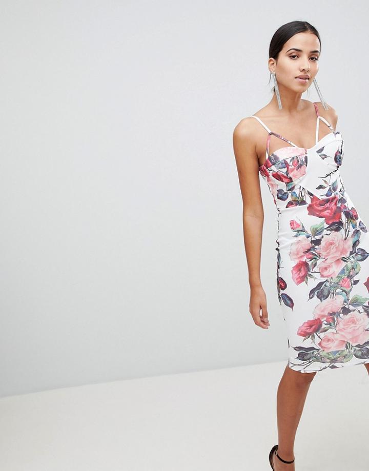Ax Paris Double Strap Floral Bodycon Dress-white