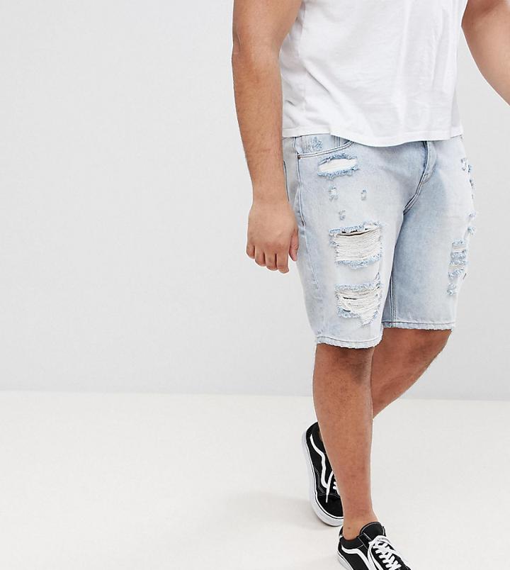 Asos Plus Denim Shorts In Slim Light Wash With Heavy Rips - Blue