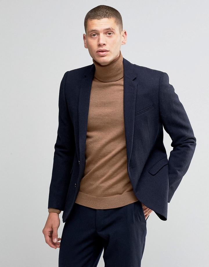 Asos Skinny Blazer 100% Wool In Navy - Navy