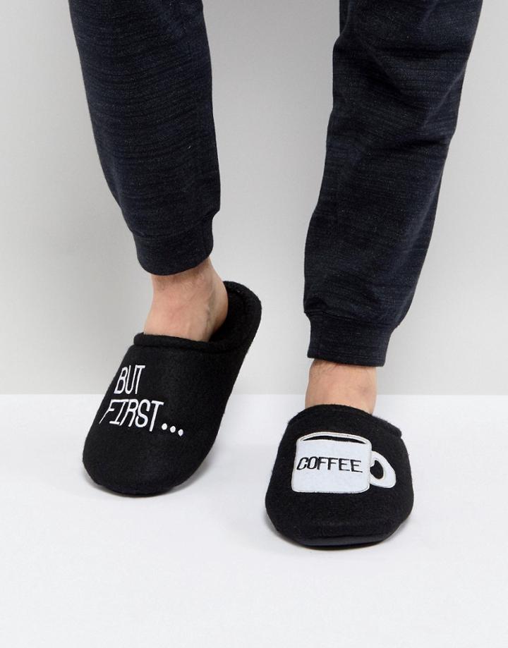 New Look Slipper With Coffee Slogan In Black - Black