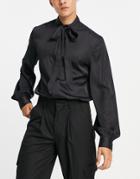 Asos Design Satin Shirt With Tie Neck And Blouson Volume Sleeve In Black