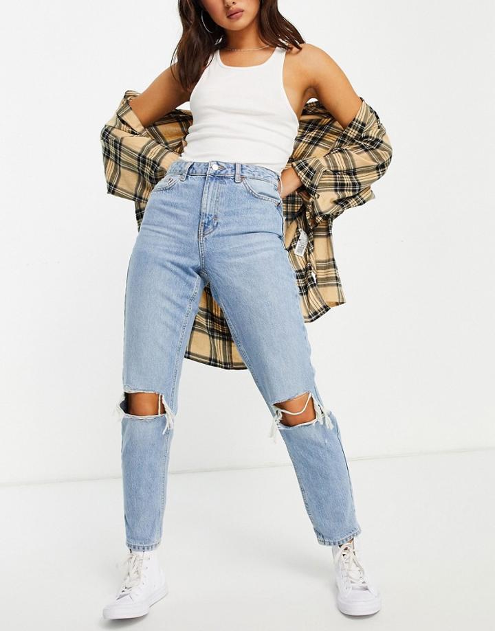 Topshop Mom Jean With Rips In Bleach-blues