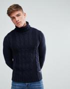Solid Cable Knit Sweater With Roll Neck - Navy