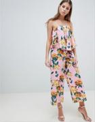 Asos Design Bandeau Jumpsuit With Drape Detail In Pink Floral - Pink