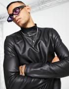 Asos Design Skinny Long Sleeve T-shirt In Black Coated Fabric With Turtle Neck